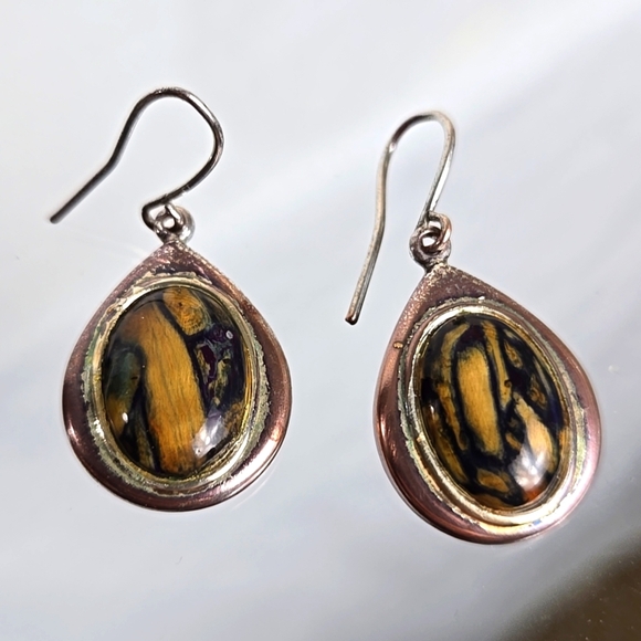 Tiger Eye Stone Silver Tone Brown Teardrop Earrings - Picture 1 of 11